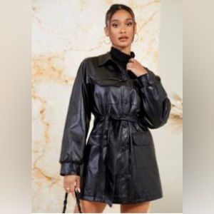 SHEIN Lantern Sleeve Flap Pocket PU leather coat